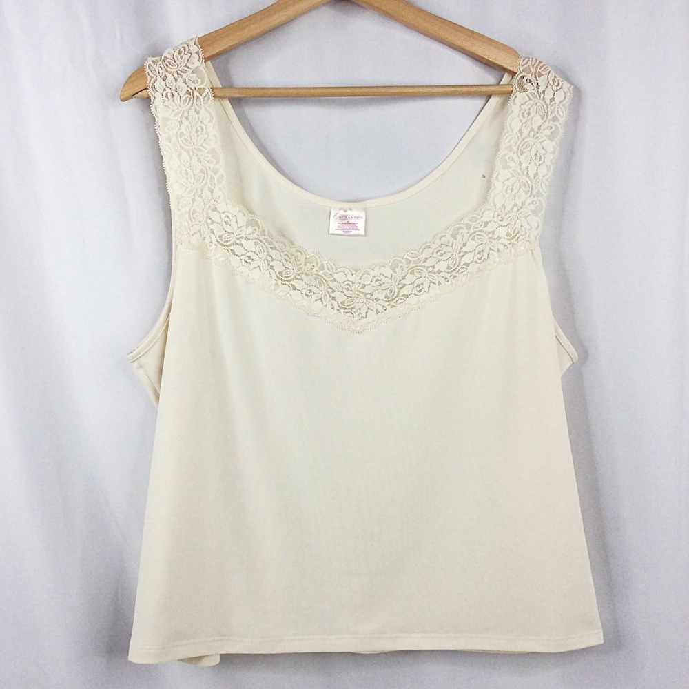 Enchanting Camisole Crop Tank Top Women's Plus Size 2X Ivory Cream Lace Edged